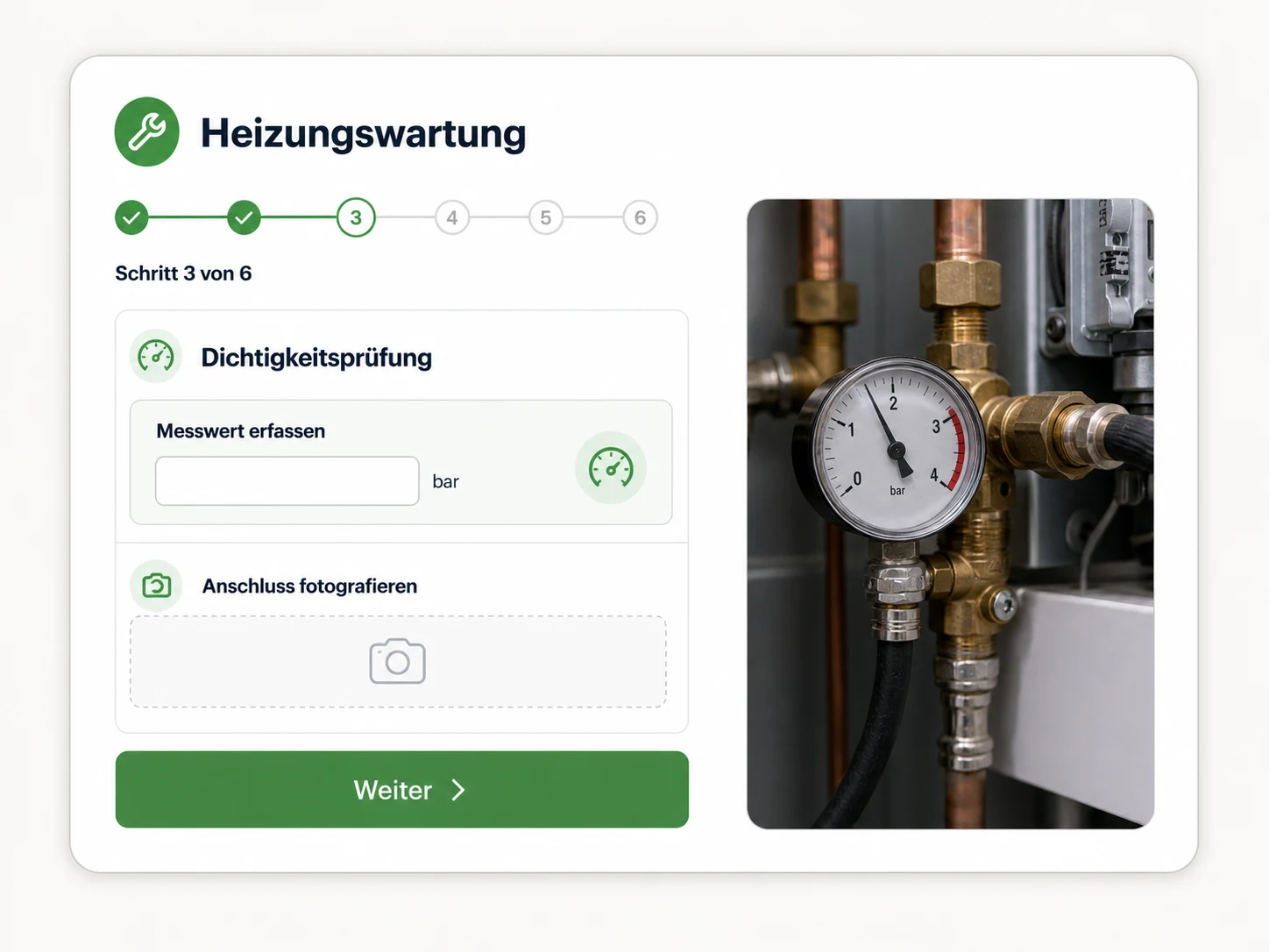 Guided heating maintenance step with a measurement and required photo
