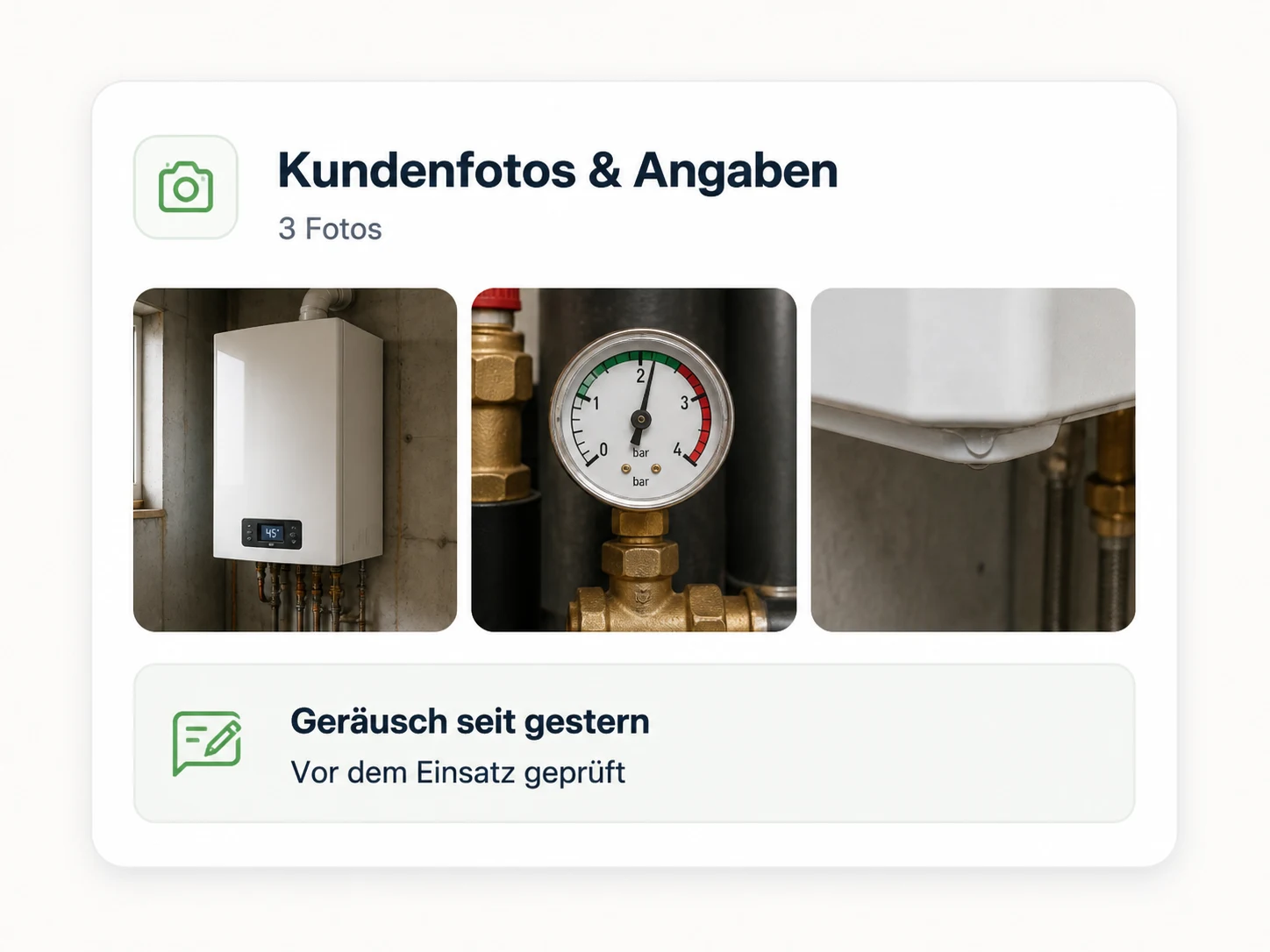 Customer photos and details of a heating fault
