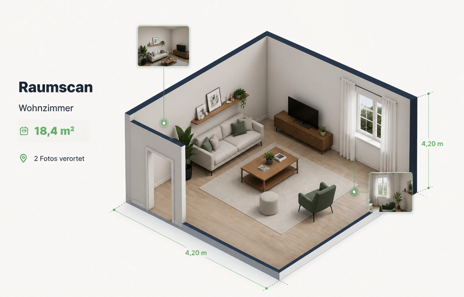 RoomGuide scan showing walls, openings, dimensions and located photos